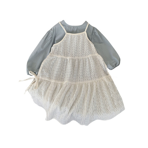 Cotton Domi Girl 2024 Spring Summer Korean Children's Clothing Solid Color Blouse Lace Tank Top Dress Fashion Long Dress Set