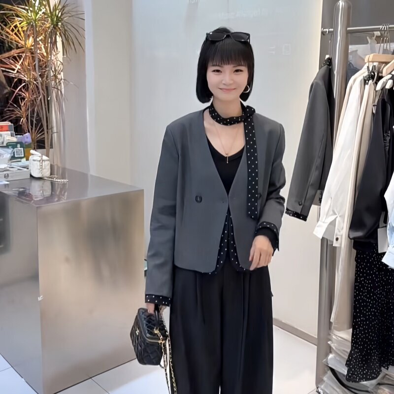 欧货波点飘带V领撞色拼接西装外套女2026春秋新款设计感西服上衣