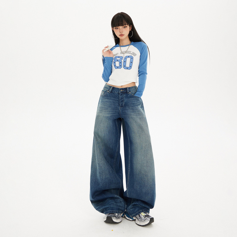【今茵】时尚潮牌单品美式复古高腰宽松阔腿裤百搭渐变牛仔裤女潮|undefined