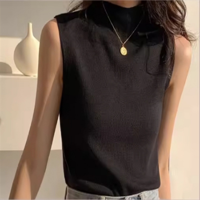 韓国の半高襟のレトロな袖なしのtシャツの上着の夏のメリヤスのベストの女性のスーツの職業の中でカバーをかけます。|undefined