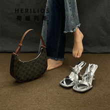 露趾罗马凉鞋女2024夏季爆款方头一字带粗跟高跟鞋女水晶跟单鞋潮