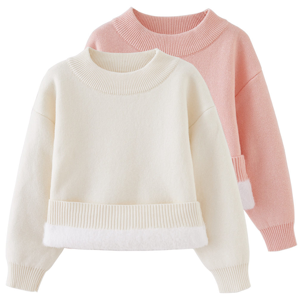 Ropa de invierno suéter forrado de lana de una sola pieza de terciopelo engrosado cuello redondo cálido bebé de los niños de punto camisa de fondo superior al por mayor