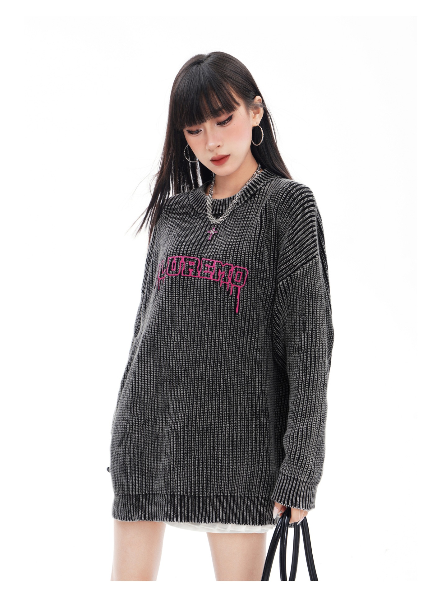 Vêtements pour hommes Automne et hiver haute rue rétro délavé à l'eau lettre broderie rue dynamitage à la mode tout match pull tricoté à col rond_voghion.com