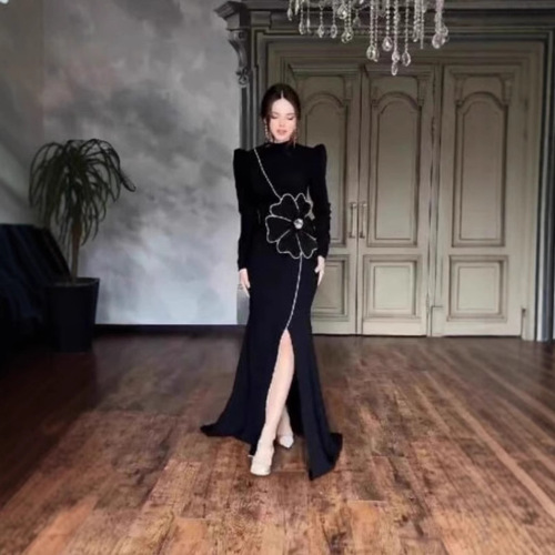 Hot-selling heavy-duty rhinestone three-dimensional flower sequin bandage dress for women, split design, slim-fit evening gown