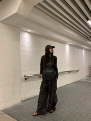 小众烫钻灰色长袖T恤女早秋穿搭套装工装裤休闲裤美式辣妹两件套