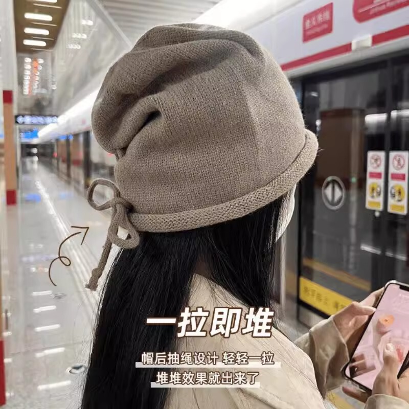 帽子 レディース 秋冬 ウール帽子 大きな頭囲 小顔 冷たい帽子 巾着 パイル帽子 カールニット帽子 カジュアル帽子|undefined