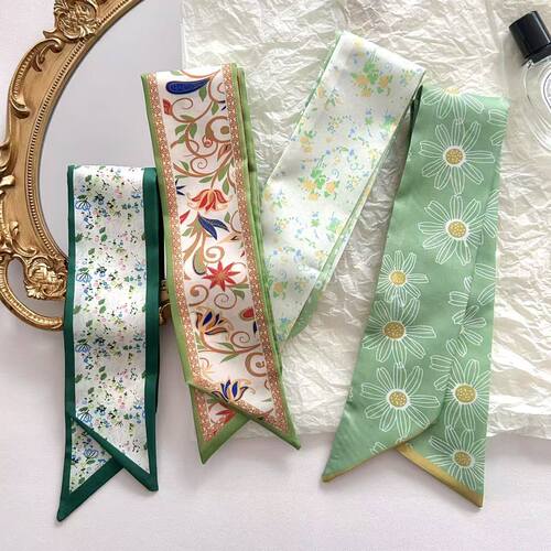 French retro green silk scarf with high fashion hair tie, hair bundle, flowing ribbon, elegant and versatile, matches with shirts and tie decorations