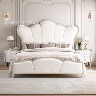 American-Style Light Luxury Solid Wood Bed with Genuine Leather, Modern and Simple, 1.8m Double Master Bedroom Large Bed, Cream-Style Ingot Petal Bed