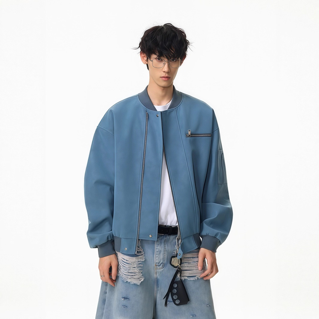 美式vintage棒球服男秋高街痞帅扎染皮夹克设计感短款工装外套潮