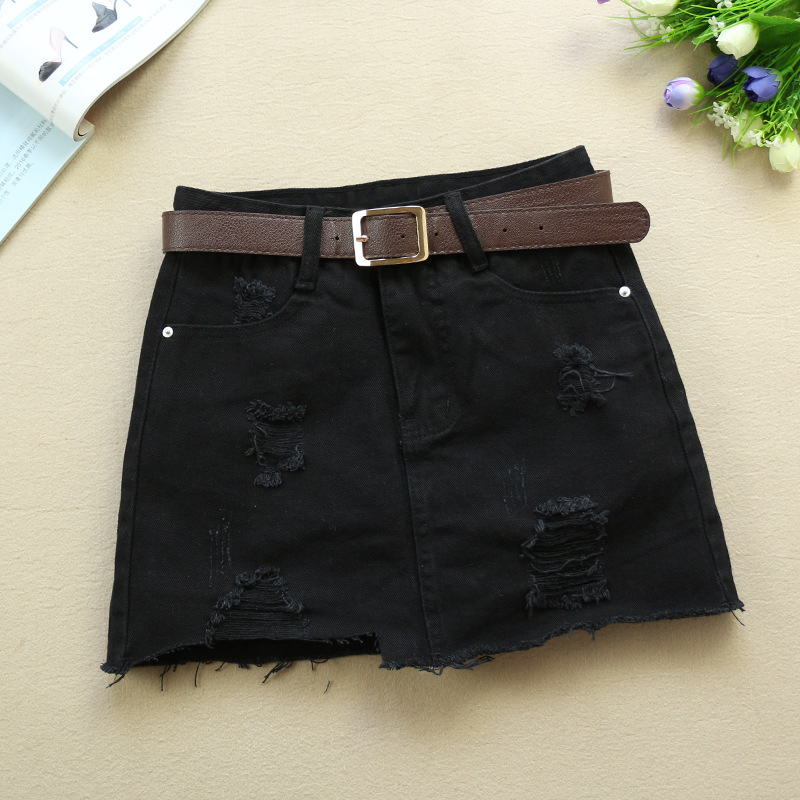 New Black Ripped Denim Short Skirt Women's Spring And Summer Mid-waist Slim Fit And Thin Skirt With Lining To Prevent Exposure