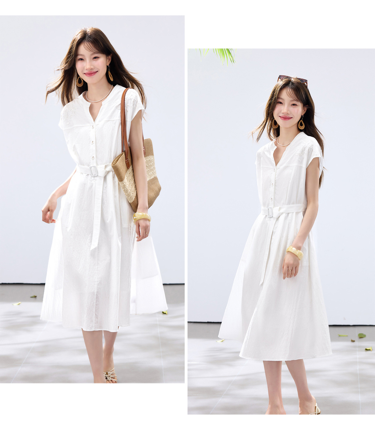 Đầm maxi nữ thắt eo cao, thiết kế quá gối, thêu hoa tinh tế phong cách trưởng thành — xanh lam, màu trắng chi tiết 16