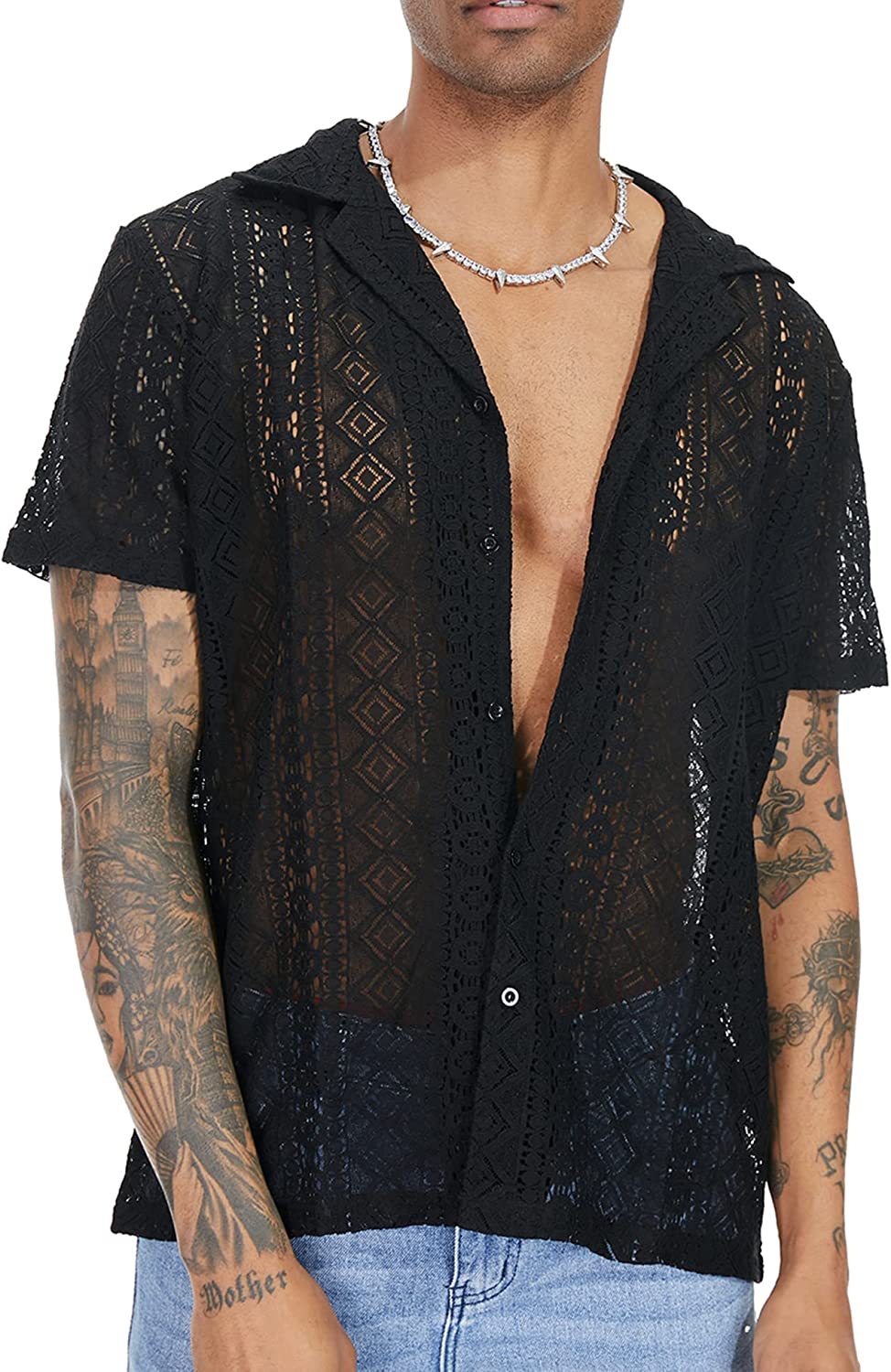 Spot moda europea y americana nueva camisa de manga corta de encaje para hombres botón transparente vacaciones casual top hueco