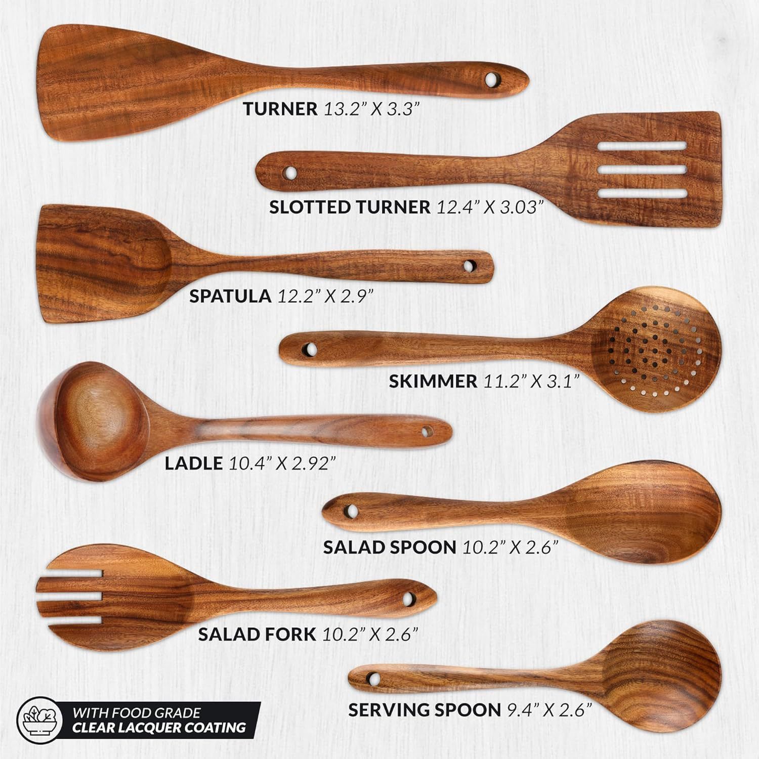 아카시아나무 8종세트 약 580g (튀김+냄비+삼선+누수+국+샐러드스푼+샐러드포크+플랫라운드)