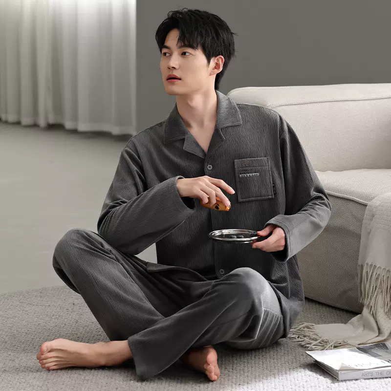 冬天海岛绒睡衣男款加厚条纹提花高级感开衫款秋冬男士保暖家居服