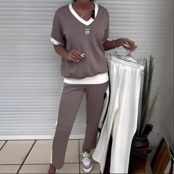 Amazon Casual Solid Color V-Neck Two-Piece Women's Sports Suit Wholesale