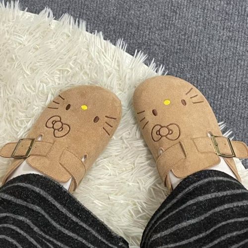 Cork Shoes Korean Version Cute Kitty Thick Sole Birkenstock Shoes 2025 Versatile One-Piece Toe-Up Semi-Drag Women's Shoes