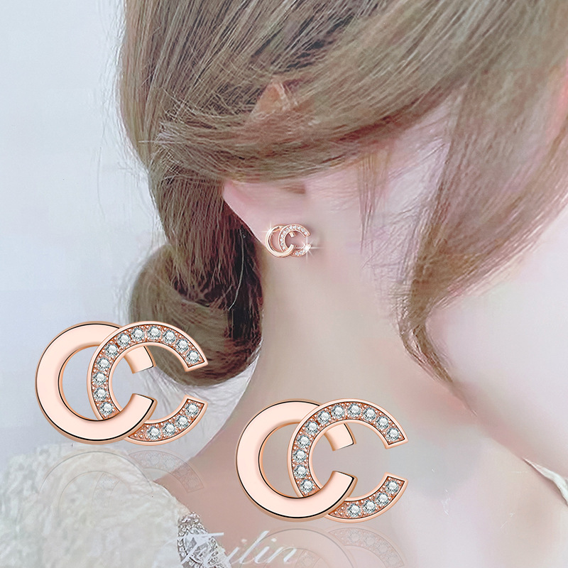 韩版双c耳钉女简约耳环小巧可爱长款耳饰新款时尚潮气质银色耳钉
