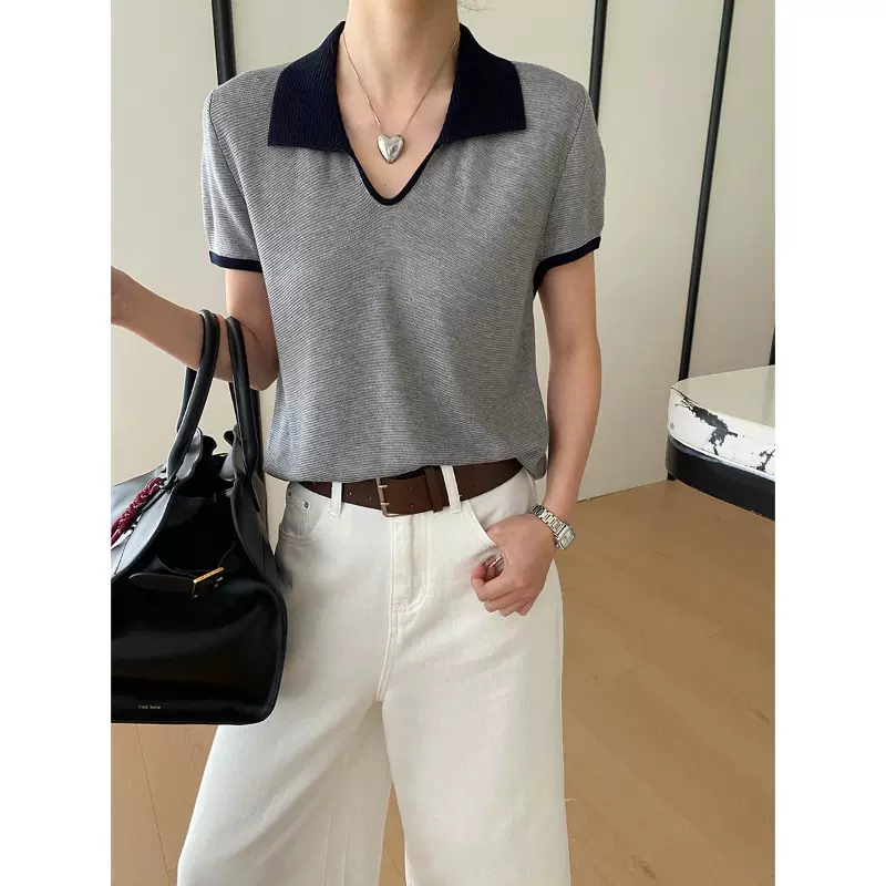 司南 通勤日常 天丝亚麻混纺撞色翻领休闲显瘦短袖针织衫 SN8855