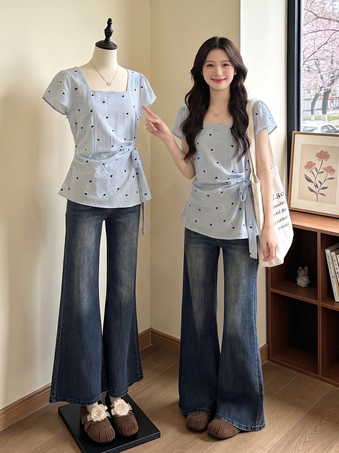 Áo sơ mi ngắn tay cổ vuông nữ tay ngắn, phối dây rút eo, form chuẩn vai — xanh lam