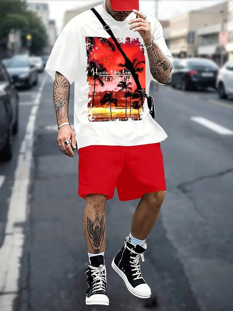 Diseño de personalidad patrón de letras de dibujos animados verano nuevo estilo calle ropa casual suelta traje de hip-hop americano ME13