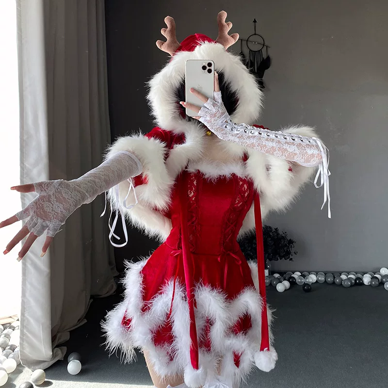 Костюм-юбка с капюшоном (Christmas), бархат с искусственным мехом, универсальный размер, эффект подъёма
