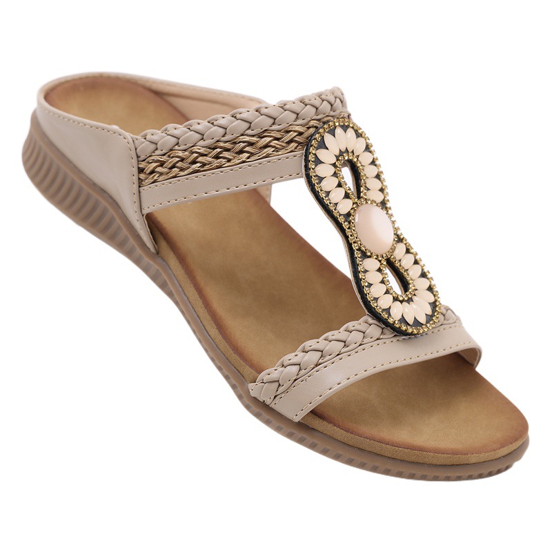 En Existencia, Sandalias Estilo Europeo y Americano 2025, Sandalias Planas de Talla Grande con Pedrería, Cómodas, de Punta Redonda, para Vacaciones en la Playa