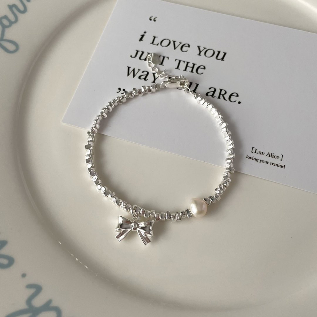 S925純銀天然淡水珍珠蝴蝶結碎銀子手鍊女甜美氣質韓國ins風手環