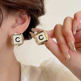 金色字母耳钉2024新款独特小众设计感个性耳环高级感清冷耳饰品女