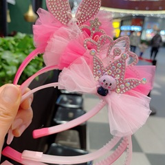 新款公主紗發箍 兒童皇冠兔耳朵頭箍 女童卡通小熊壓發扣髮飾批發