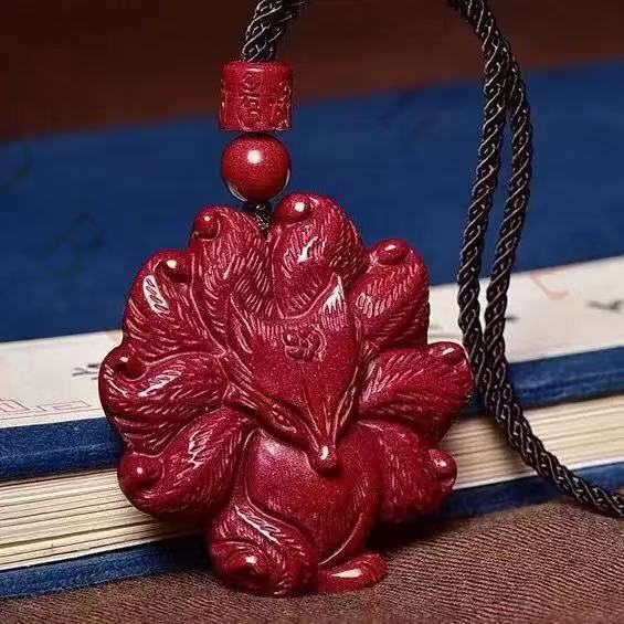 高含量朱砂圆形桃花九尾狐吊坠天然原矿晶体紫金帝王红砂项链吊坠|undefined