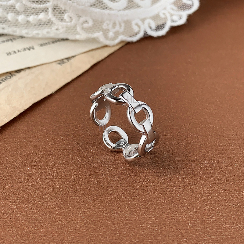 韩国s925纯银简约几何链条戒指轻奢个性复古高级感男女同款开口戒