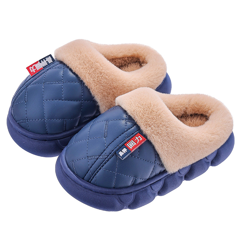 Otoño y invierno zapatillas de algodón para niños, niños y niñas, calentamiento de lana PU impermeable en el hogar para niños mayores, zapatos de talón de algodón