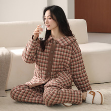 梭织纯棉三层夹棉加厚睡衣女冬季加绒珊瑚绒法兰绒家居服冬天棉袄