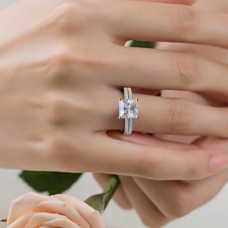 Recolección de calor transfronteriza, princesa brillante, anillo de piedra de moissanita, incrustaciones de plata S925, anillo de combinación de moissane brillante, estilo europeo y americano simple