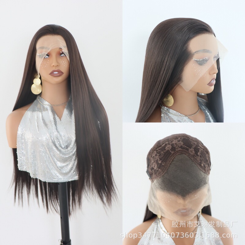 Frontal Semi-Handmade Crochet Lace Wig, High-Temperature Fiber Long Straight Hair, Black Beauty Bangs Wig, Full Head Wig for Women Frontal Semi-Handmade Crochet Lace Wig, High-Temperature Fiber Long Straight Hair, Black Beauty Bangs Wig, Full Head Wig for Women