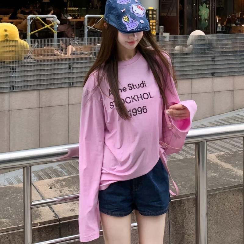 ACレター長袖Tシャツの正しいバージョン1996デジタルプリントコットン長袖ウォッシュ加工ルーズ長袖Tシャツ|undefined