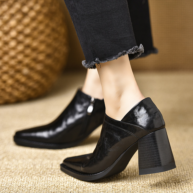 Women's Retro Chunky Heel Shoes Square Toe With Side Zipper_voghion.com