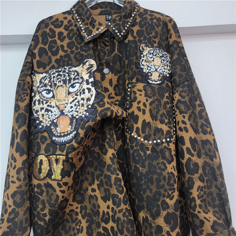 Camisa Suelta con Estampado de Leopardo de Poliéster con Cuentas y Manga Larga para Otoño