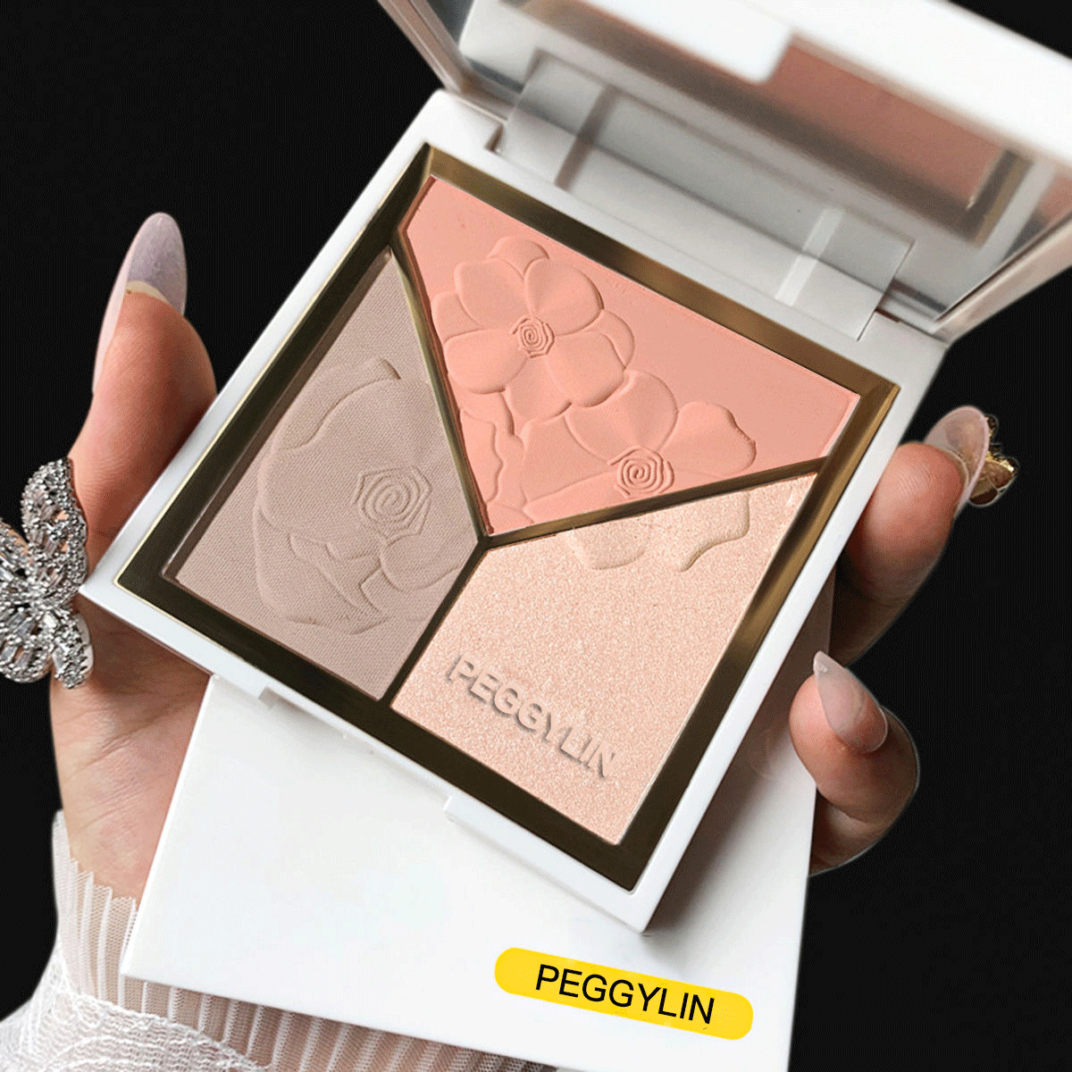 PEGGYLIN Placa de reparación de tres colores resaltar sombra rubor no fácil de quitar maquillaje Perla resaltar sombra suave maquillaje en polvo