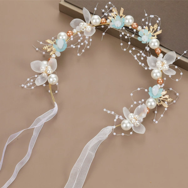 Blue headband from pearl, flowered