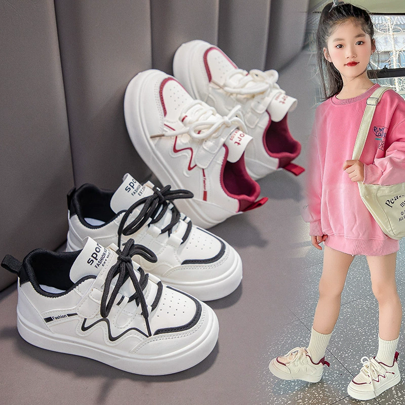 Кроссовки для девочек 2025, весна и осень, новая кожаная одинарная подкладка, дышащая универсальная нескользящая модная детская спортивная обувь среднего и большого размера