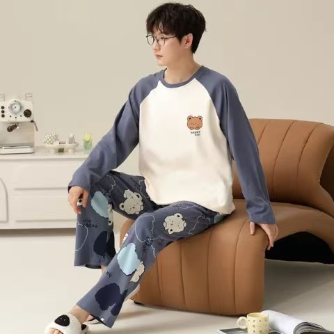 Men's Pajamas Spring and Autumn New Style 2025 Imitation Cotton Round Neck Long-Sleeved Long Pants Youth Casual Large Size Home Wear Set