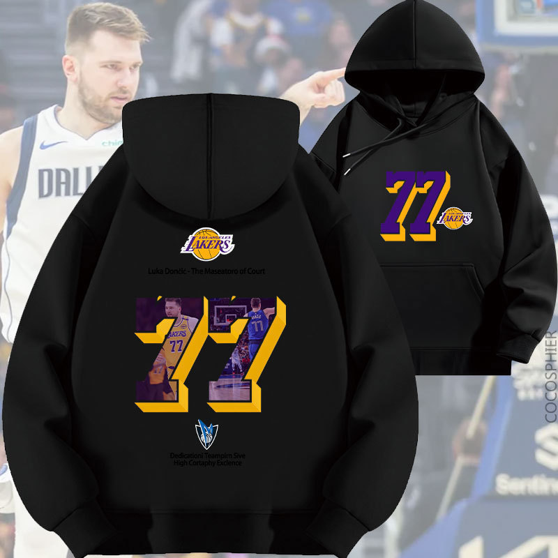 Lakers Doncic No. 77 Letter Print Hooded Sweatshirt Trendy Football Loose Autumn Fleece Thickened Top Lakers Doncic No. 77 Letter Print Hooded Sweatshirt Trendy Football Loose Autumn Fleece Thickened Top