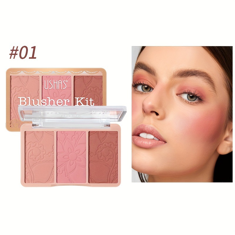 USHAS Amazon mezcla transfronteriza colorete degradado de tres colores plato de reparación de maquillaje desnudo natural rosa no es fácil de volar