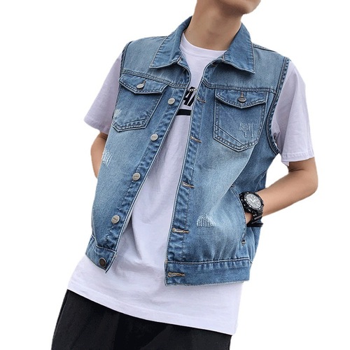 Denim vest men's trendy spring and autumn trendy casual Korean style handsome loose sleeveless hole-in-the-net celebrity fashion brand vest for men