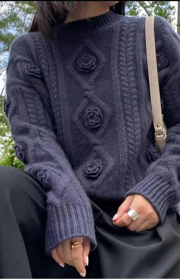 [Kasjmir Arisocraic Family] Fried Dough Twiss-genser med rund hals og blomsterprint, damegenser med løs bomullskrage_voghion.com