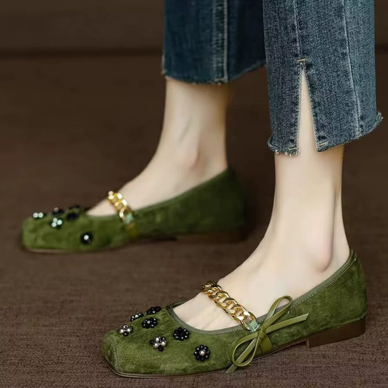 Ручная работа ~ супер красивые туфли для личного использования ~ французские жемчужные туфли-лодочки с квадратным носком для женщин, весенние туфли-балетки с бантом, туфли Мэри Джейн