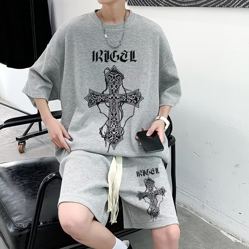 夏のワッフルスポーツスーツメンズオーバーサイズハンサムTシャツショーツツーピースセットトレンディなメンズファッションウェア|undefined