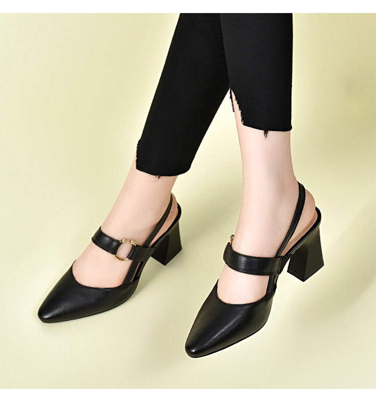 Sandal nữ da thật mũi nhọn gót vuông 5 cm, hở gót, phong cách mùa hè — Đen 5cm chi tiết 6