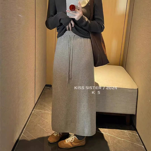 Waist-cinching knit half skirt, slimming, solid color, versatile, large swing A-line long dress, cashmere dress